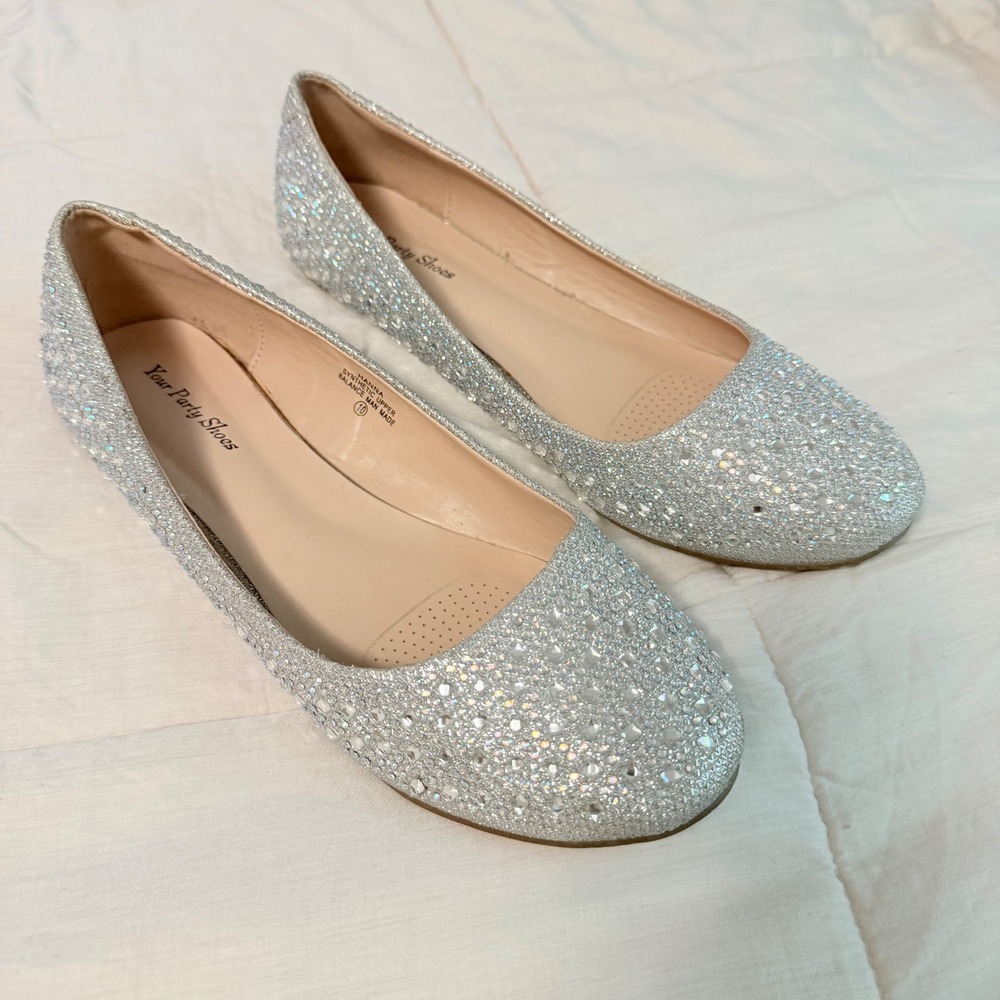 Your Party Shoes Hanna Ballet Flats Women Size 10 Silver Excellent Rhinestone